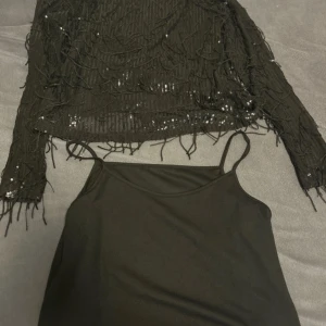 Svart paljettblus med fransar Kappahl - Säljer en svart blus från Kappahl i storlek S, täckt med glittriga paljetter och coola fransdetaljer. Blusen är transparent med lång ärm och har en rund halsringning. Perfekt för att sticka ut med extra bling och rörelse.