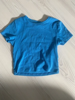 Blå ribbad t-shirt från FSBN Sister - Säljer en blå ribbad t-shirt från FSBN Sister i storlek XS. T-shirten har korta ärmar och är croppad i modellen. Tillverkad i mjuk bomull som känns skön mot huden. Perfekt till jeans eller kjol för en chill look.