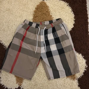 Burberry shorts  - Snygga rutiga shorts i beige, svart, grått och rött med elastisk midja och vit snörning. De har klassiskt rutigt mönster och är tillverkade i ett lätt och bekvämt syntetmaterial, perfekta för sommardagar. Passformen är normal och de har en avslappnad vibe.