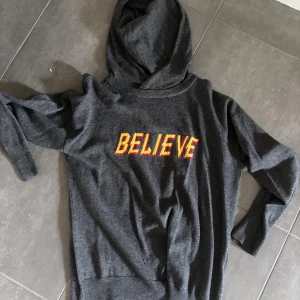 Mörkgrå Sandro Hoodie - Snygg mörkgrå hoodie med huva och lång ärm. På bröstet står det BELIEVE i stora gula bokstäver med röd kant, vilket ger en cool retrovibe!
