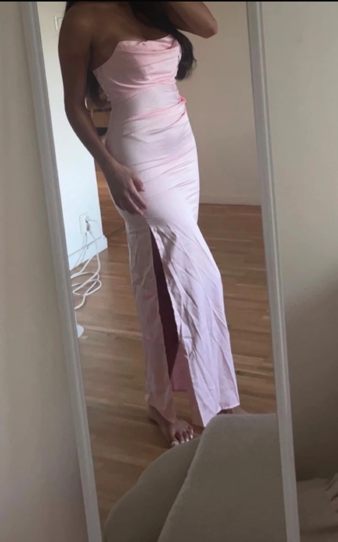 Ljusrosa axelbandslös långklänning - 1