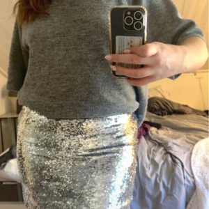 Silver paljettkjol från MANGO - Glittrig kortkjol från MANGO i silver med täckande paljetter över hela kjolen. Kjolen har en tight passform och dragkedja i sidan. Perfekt till nyår eller annat festtillfälle! Använd en gång, 350 nypris 