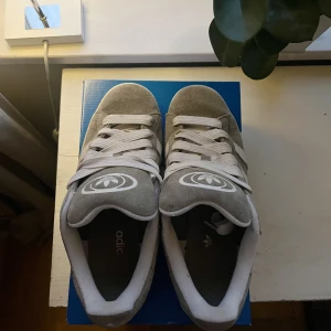 Gråa adidas campus  - Säljer ett par gråa adidas skor i modellen campus! Finns tecken på användning och trycket på innersulan har skavts av litegrann (se bild) men inget som syns när skon är på, väldigt bra sick i övrigt! Det är storlek 44 2/3. Skorna är köpta för 1499kr! Skriv vid frågor! Pris kan diskuteras🤗 Skokartong medföljer!