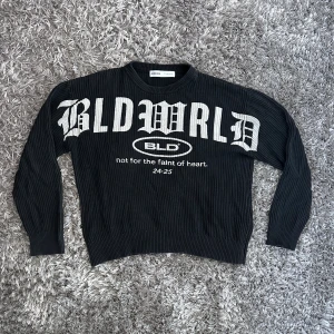 Svart stickad tröja från Bershka - Svart ribbstickad tröja från Bershka med vit text 'BLDWRLD' och tryck framtill. Tröjan har rund halsringning och långa ärmar. Snygg streetstil med oversized känsla och coolt statement-tryck. Perfekt för dig som gillar trendiga och bekväma plagg.
