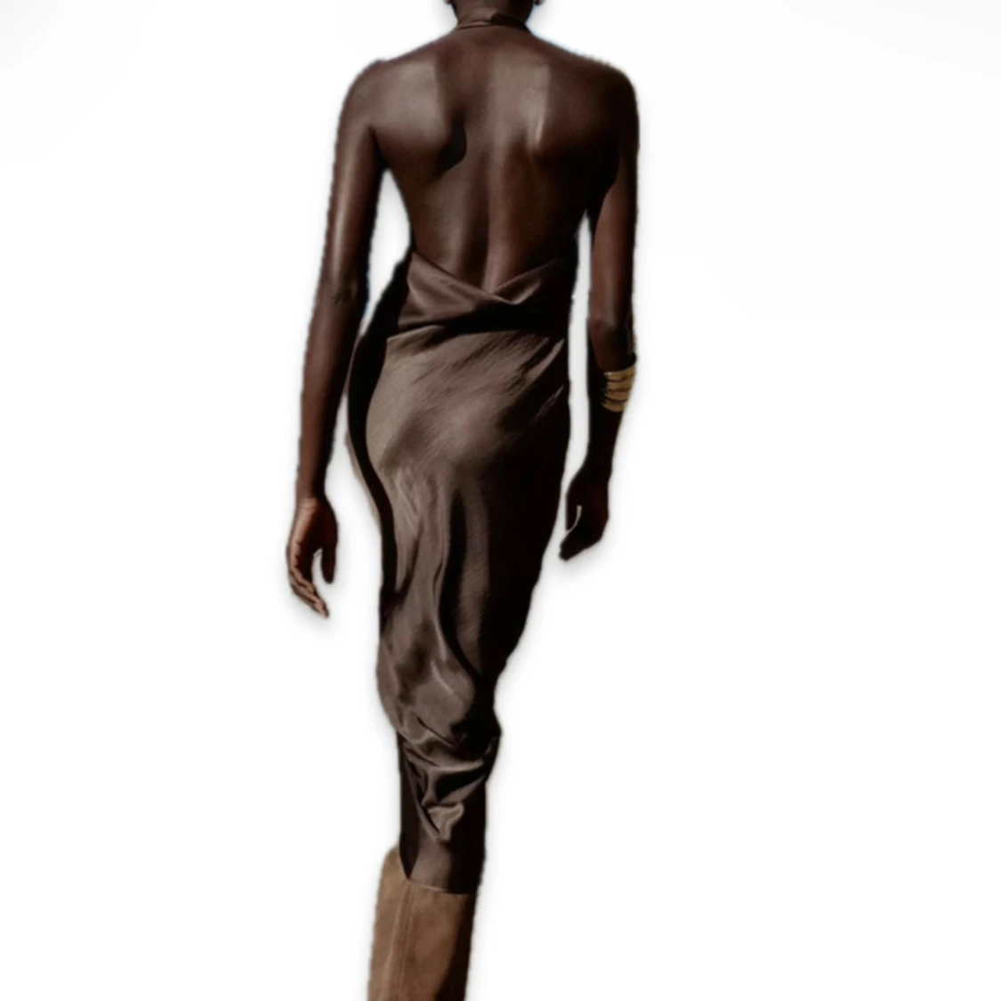 Brun halterneck långklänning i satin - 1