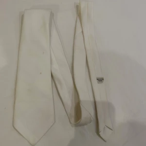 Vit smal slips i polyester - Säljer en vit, smal slips med klassisk spetsig form. Slipsen är tillverkad i polyester och har en stilren, enfärgad design utan mönster. Perfekt för dig som vill ha en enkel och clean look till skjortan. Lite smutsig där av billigt pris