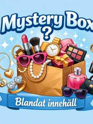 Mystery Box med blandat innehåll - En Mystery Box fylld med blandade accessoarer och skönhetsprodukter. Innehållet kan vara smycken, smink, parfym och små presenter. Perfekt för dig som gillar överraskningar och vill testa nya saker. Värde mellan 100-200kr(nypris). INGEN returrätt. 🌸inga kläder