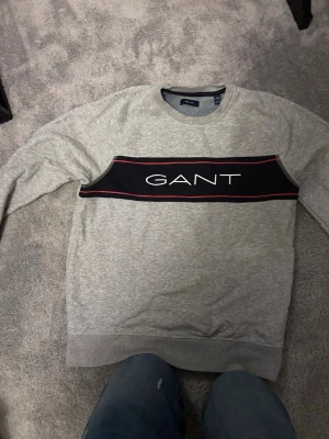Grå sweatshirt från GANT - Snygg grå sweatshirt från GANT med svart panel och röd-vit rand över bröstet samt stor logga. Tröjan har rund halsringning och ribbade muddar vid ärmslut och nederkant. Perfekt för en avslappnad och stilren look.