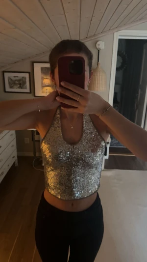 Silvrig paljett halterneck topp - Säljer en glittrig croppad halterneck topp i silver med paljetter över hela. Toppen är ärmlös och har öppen rygg. Använd nån gång! Banden rund halsen är ganska långa. 