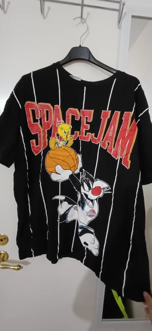 Space Jam svart t-shirt med tryck - Space Jam 25th Anniversary t-shirt från Sister i storlek L. Svart med vita vertikala ränder och stort färgglatt tryck med Tweety och Sylvester samt SPACE JAM-text i rött och gult. Klassisk rund hals och korta ärmar. Perfekt för dig som älskar retro och Looney Tunes.