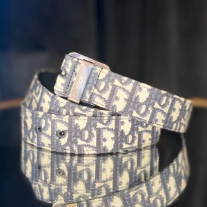 Bälte - Snyggt bälte med ikoniskt monogrammönster i mörkblått och beige. Bältet har en silverfärgad metallspänne och är tillverkat i en kombination av skinn och textil. Perfekt accessoar för att lyfta din outfit med en lyxig touch. Mycket bra skick, längd: 114,5 cm