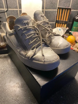 Giuseppe Zanotti vita sneakers med dragkedja - Säljer ett par vita sneakers från Giuseppe Zanotti med coola silverfärgade dragkedjor på sidorna och signaturlogga på plösen. Skorna har svarta detaljer på hälen och är tillverkade i skinn med rund tå och snörning. Perfekta för dig som gillar exklusiva och unika sneakers.
