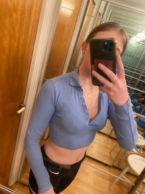 Ljusblå croppad topp från Zara - Säljer en ljusblå croppad topp från Zara med lång ärm och krage. Toppen är ribbad och har knappar framtill för en snygg detalj. I princip aldrig använd, väldigt fint skick. 