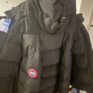 Svart dunjacka från Canada Goose - Säljer en svart dunjacka från Canada Goose med huva och klassisk logotyp på ärmen. Jackan har quiltad design och dragkedja framtill. Perfekt för kalla dagar och riktigt varm.