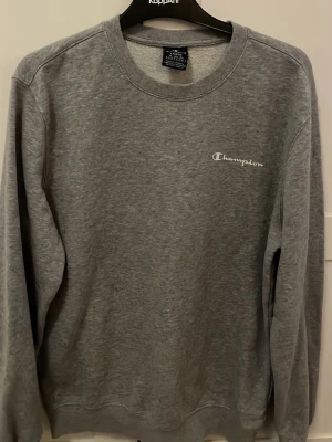 Grå sweatshirt från Champion - Klassisk grå sweatshirt från Champion med rund halsringning och diskret logga broderad på bröstet. Tröjan har långa ärmar och ribbade muddar vid ärmslut och nederkant. Perfekt för en avslappnad och sportig stil.