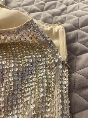 Glittrig paljettklänning från Forever 21 - Supersnygg kort klänning från Forever 21, täckt med glittrande paljetter i silver och champagne. Klänningen är ärmlös med rund hals och har en diskret dragkedja i sidan. Perfekt för dig som vill sticka ut med en glittrig look!