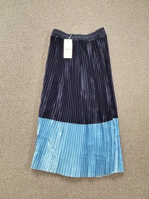 Plisserad blå och svart långkjol från Cream - Säljer en snygg plisserad långkjol från Cream med elastisk midja. Kjolen har en cool färgblock-design med mörkblå upptill och ljusblå nedtill. Materialet är glansigt och känns lätt mot huden, perfekt för dig som gillar stilrena och trendiga plagg. Nypris: 990kr