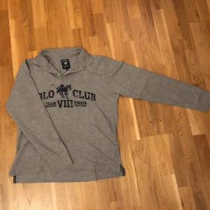 Grå pikétröja från Vinson Polo Club - Säljer en grå långärmad pikétröja från Vinson Polo Club med klassisk krage och tryck framtill. Tröjan har en avslappnad passform 