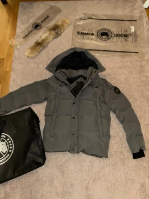 Grå pufferjacka från Canada Goose - Säljer en grå pufferjacka från Canada Goose med huva och svarta ribbade muddar. Jackan har raka, quiltade paneler och knappar framtill. Märket syns tydligt på ärmen och insidan. Perfekt för kalla dagar och har en clean, modern look.