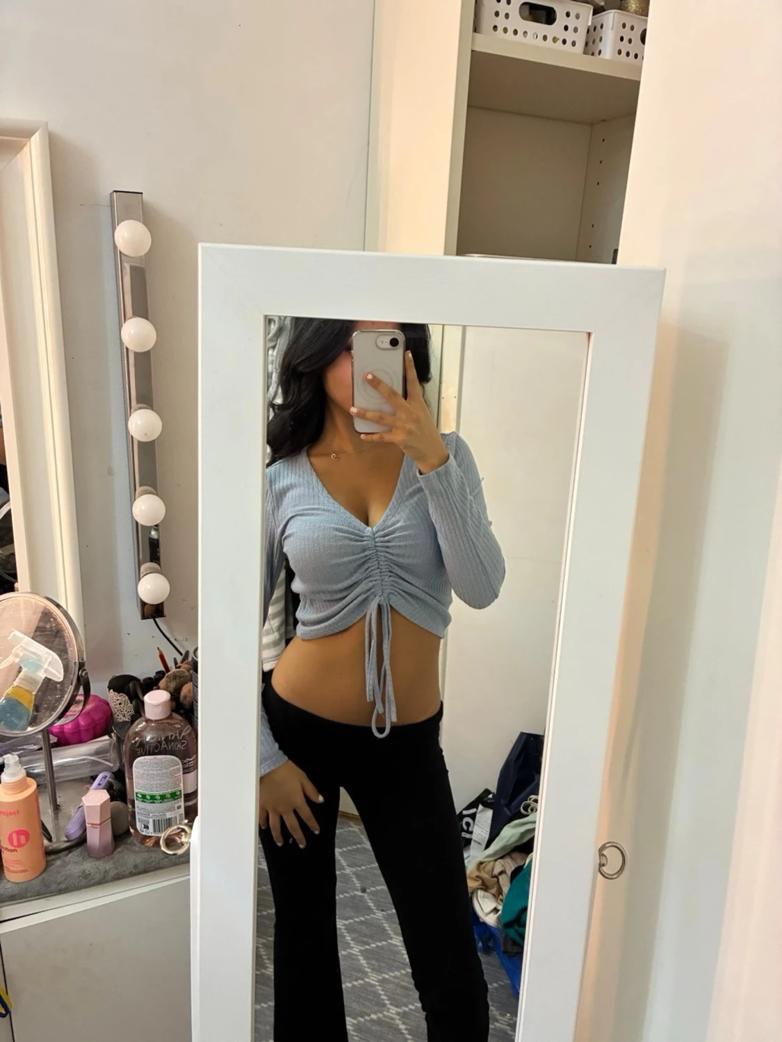 Ljusblå croppad ribbad topp - 1