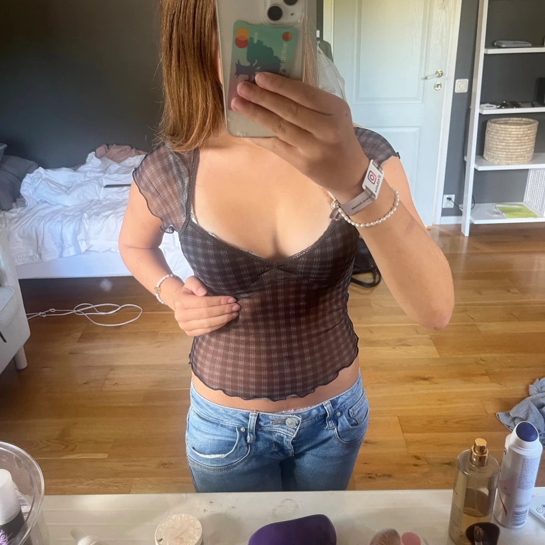 Rutig mesh topp från H&M XS