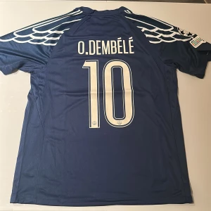 PSG Ousmane Dembélé matchtröja blå - Snygg PSG fotbollströja med O. Dembélé och nummer 10 på ryggen. Tröjan är marinblå med vita detaljer, har korta ärmar och coola vingmönster på axlarna. Framsidan pryds av Qatar Airways-logga och Jordan-logga. Tillverkad i lätt och ventilerande polyester. Replika, endast handtvätt gäller!