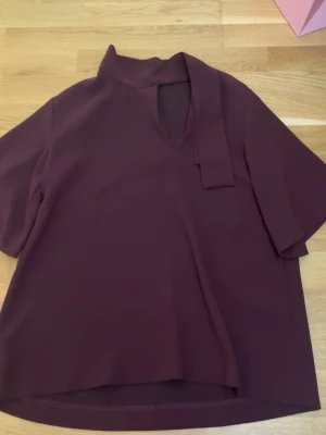 Vinröd blus från Zara XS - Säljer en vinröd blus från Zara Woman i storlek XS. Blusen har korta ärmar, v-ringad hals och en snygg detalj med knyt vid halsen