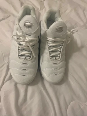 Nike Air Max Plus Tn vita sneakers - Nike Air Max Plus Tn sneakers i helvit färg med mesh och syntetmaterial. Snygga detaljer som Tn Air-logga på hälen och innersulan, samt synlig Air Max-dämpning i sulan. Rund tå, snörning och platt sula. Perfekt för dig som gillar stilrena och sportiga sneakers.