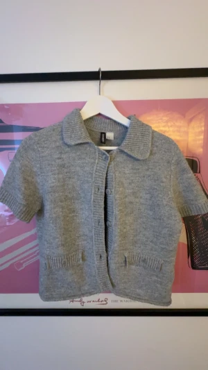 Grå stickad kofta med kort ärm H&M - Kortärmad grå stickad kofta från H&M med klassisk krage och knappar framtill. Koftan har ribbade detaljer vid ärmslut, krage och fickor, vilket ger en snygg och stilren look. Perfekt att slänga över en topp för extra värme. Inga skavanker