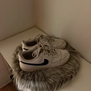 Nike  vita sneakers - Säljer ett par klassiska Nike sneakers i vit färg med svart swoosh på sidan. Skorna har rund tå, snörning och perforerade detaljer på ovansidan för extra ventilation. Tillverkade i skinn med platt sula och låg profil, perfekta för en clean streetstyle.