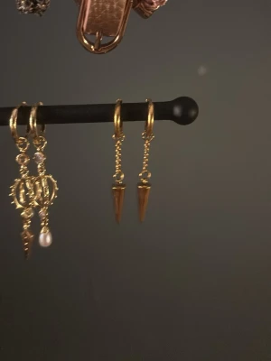 Guldpläterade örhängen med kedja och kon - Säljer ett par snygga guldpläterade örhängen med rund ring och hängande kedja som avslutas med en konformad detalj. 