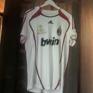 AC Milan vit Champions League tröja - Säljer en  AC Milan fotbollströja i vit med röda och svarta detaljer. Champions League-finaltryck på bröstet, Bwin-logga och klubbmärke. Kortärmad och tillverkad i lätt polyester, perfekt för match eller träning.