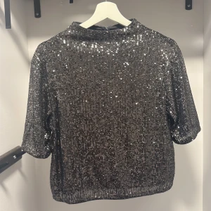 Glittrig silver topp med paljetter - Säljer en glittrig silver topp täckt av paljetter. Toppen har korta ärmar, rak passform och hög hals. Perfekt för dig som vill sticka ut och glänsa på festen. Stängs med dragkedja i nacken.