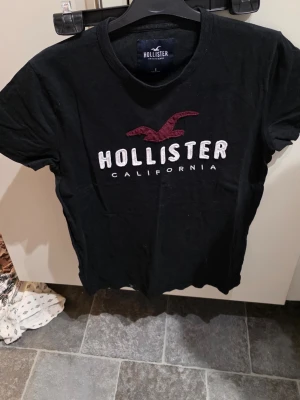 Svart Hollister t-shirt med broderi - Svart t-shirt från Hollister med broderad logga och fågel i vinrött och vitt på bröstet. Klassisk rund hals och korta ärmar. Perfekt för dig som gillar en enkel men snygg stil med tydlig branding. Materialet är mjuk bomull som känns skönt mot huden.