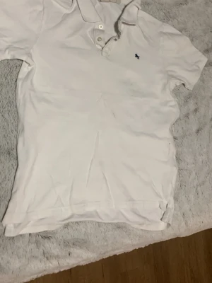 Vit pikétröja från Abercrombie - Vit pikétröja från Abercrombie & Fitch med klassisk krage och tre knappar framtill. Tröjan har ett litet mörkblått broderat djur på bröstet och är tillverkad i mjuk bomull. Perfekt för en clean och enkel stil.