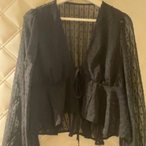 Svart blus med volang och knyt - Säljer en svart blus med volang och knyt framtill. Blusen har långärmade ärmar i mesh med små prickar och v-ringad urringning.