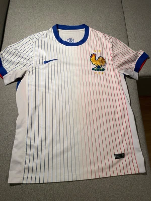 Frankrike Mbappé #10 fotbollströja Nike - Säljer en officiell Frankrike fotbollströja från Nike med Mbappé och nummer 10 på ryggen. Tröjan är vit med tunna blå och röda ränder, blå krage och detaljer, samt broderat FFF-märke med tupp och två stjärnor. Tillverkad i lätt och ventilerande polyester.