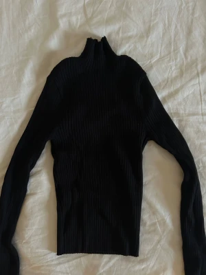 Svart ribbad polotröja från Zara - Säljer en svart ribbad polotröja från Zara i storlek S. Tröjan har lång ärm, tight passform och hög krage