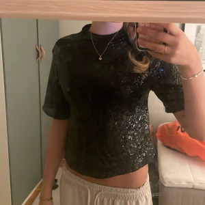 Svart paljettopp med kort ärm - Säljer en svart topp från H&M med glittriga paljetter över hela ytan. Modellen är croppad med korta ärmar och rund halsringning. Toppen har knäppning med små knappar i nacken och är perfekt för fest