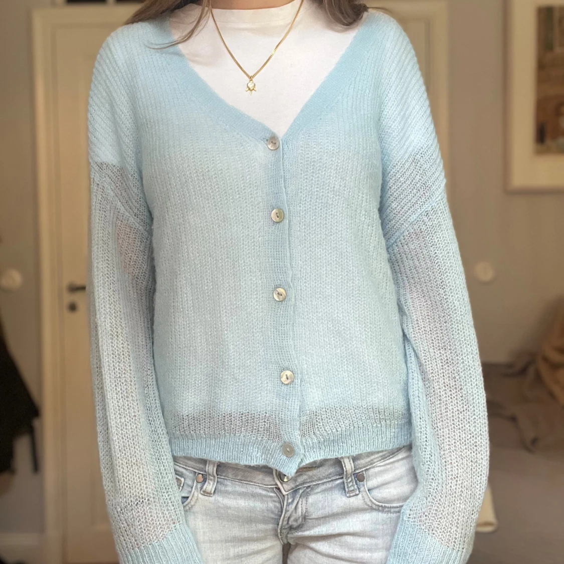 Ljusblå stickad kofta - 1