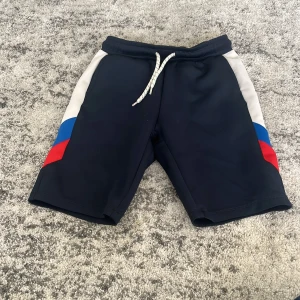 Blå shorts med färgblock från Lindex - Snygga mörkblå shorts från Lindex med coola färgblock i rött, blått och vitt på sidorna. De har snörning i midjan och är gjorda i ett mjukt syntetmaterial som är skönt att ha på sig. Perfekta för sommarens alla aktiviteter!