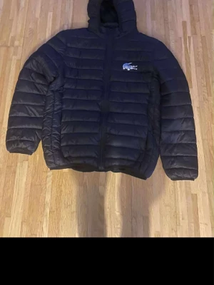 Svart dunjacka från Lacoste - Svart dunjacka från Lacoste med huva och dragkedja framtill. Jackan har det klassiska Lacoste-logotypen på bröstet och är quiltad för extra värme. Perfekt för kyliga dagar och har en clean, sportig look.