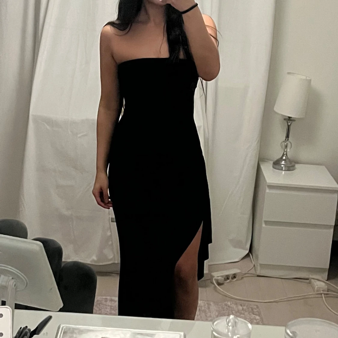 Marinblå axelbandslös långklänning - 3