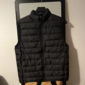 Svart quiltad dunväst från H&M - Svart dunväst från H&M i storlek S med quiltad design och dragkedja framtill. Västen har en hög krage och är tillverkad i syntetmaterial. Perfekt att slänga över en hoodie för extra värme under höst och vinter.