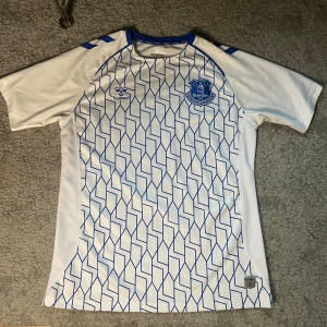 Everton fotbollströja  - Snygg Everton fotbollströja från Hummel i storlek L. Tröjan är vit med blå geometriskt mönster på framsidan, blå detaljer vid krage och axlar samt klubbmärke på bröstet. Tillverkad i lätt och ventilerande polyester, perfekt för match eller träning.