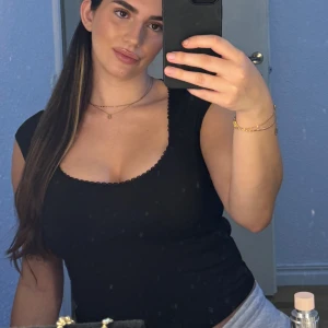 Svart topp från Shein - Svart topp från Shein med små spetsdetaljer längs kanten. Toppen är ärmlös med breda axelband.