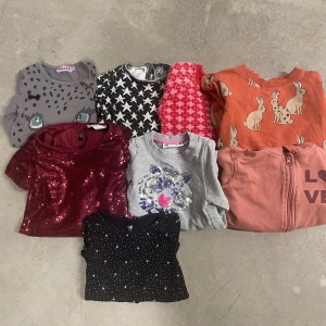 Mix av coola tröjor och toppar, stl 98/104 - Flera tröjor och toppar i olika stilar: grå tröja med leopardansikte, svartvit stjärnmönstrad stickad tröja, röd paljettopp, grå sweatshirt med paljett-tiger, svart topp med små hjärtan, orange sweatshirt med kaniner, rosa kofta med dragkedja och LOVE-tryck samt rödvit stickad tröja.