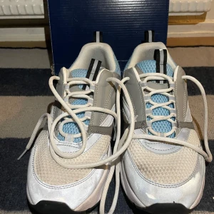 Chunky sneakers i blått och grått - Säljer ett par chunky Dior sneakers med vit, grå och ljusblå mesh och syntetmaterial. Skorna har vita snören, svarta detaljer och en robust sula. Perfekta för dig som gillar sportig och trendig stil.