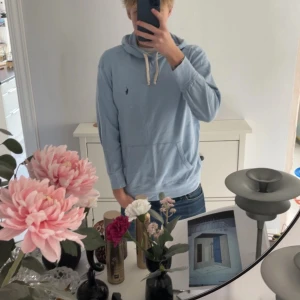 Ljusblå hoodie från Polo Ralph Lauren - Säljer en ljusblå hoodie från Polo Ralph Lauren med klassisk broderad logga på bröstet. Tröjan har huva med vita snören, känguruficka och långa ärmar. Perfekt för en chill och stilren look.