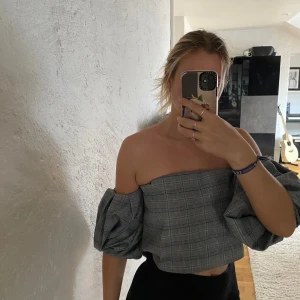 Rutig offshoulder topp med puffärm - Säljer en rutig offshoulder topp från M Petite i storlek 36. Toppen har breda puffärmar och är croppad, vilket ger en trendig vibe. Färgen är grå med inslag av blått och rött i rutmönstret. Perfekt för dig som gillar statement-plagg och vill sticka ut.
